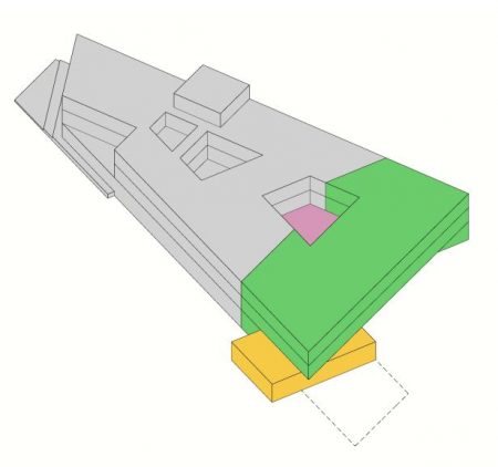 in groen / geel de uitbreiding van het gemeentehuis 