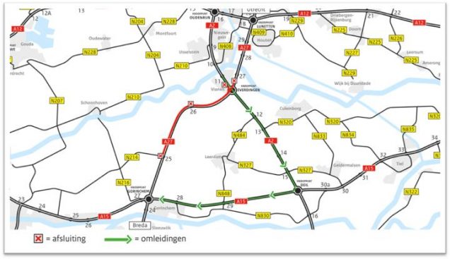 A27 afgesloten tussen Everdingen en Noordeloos