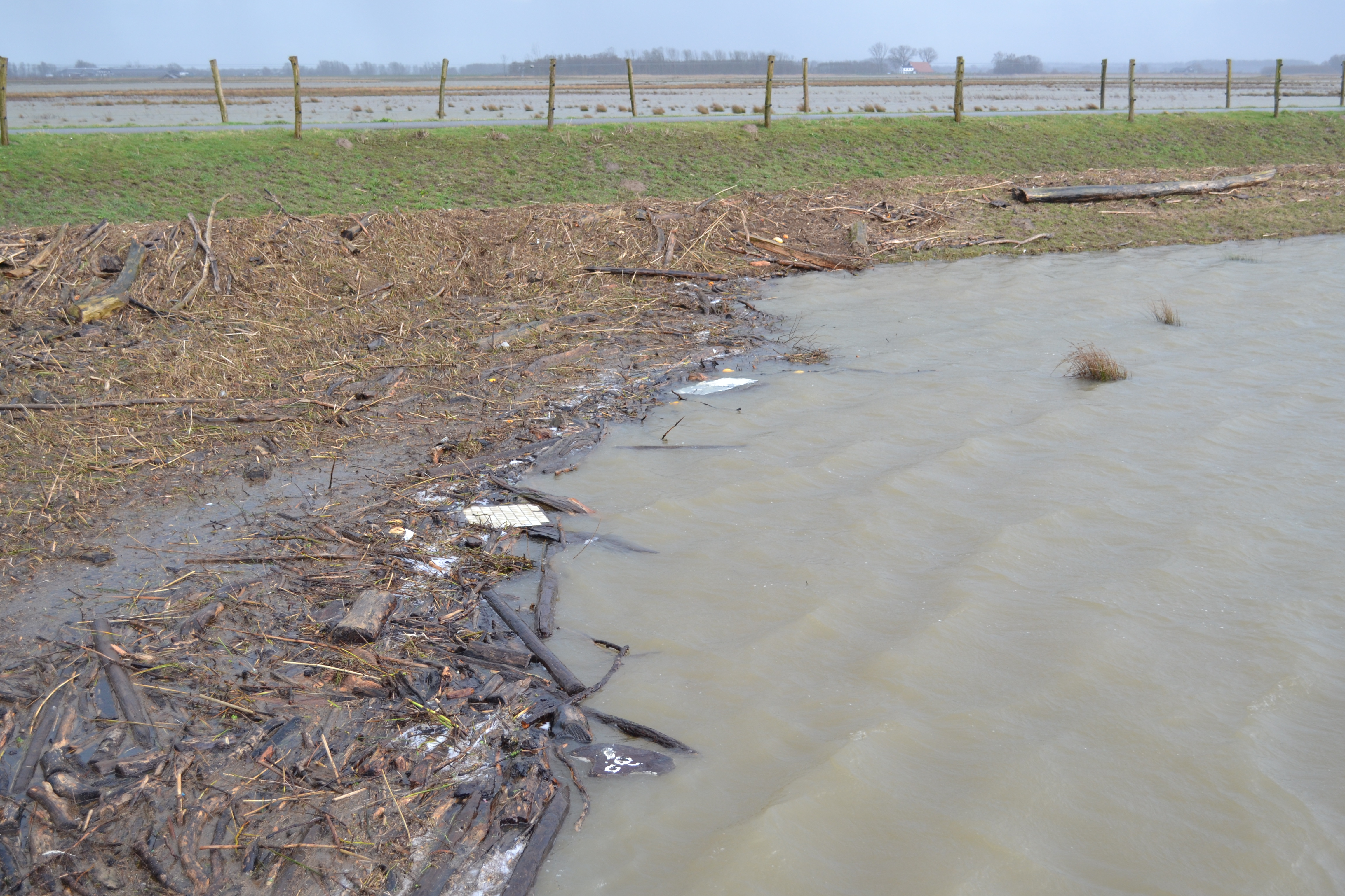 Het water is gezakt, het vuil blijft achter in de Noordwaard